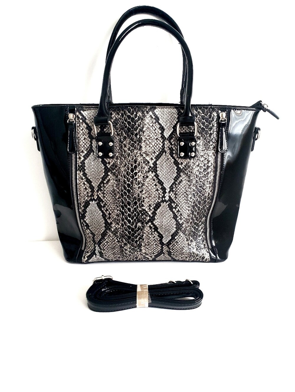 Elegant Black Patent and Snake Print Shoulder Bag With Sholder Strap - Picture 1 of 7